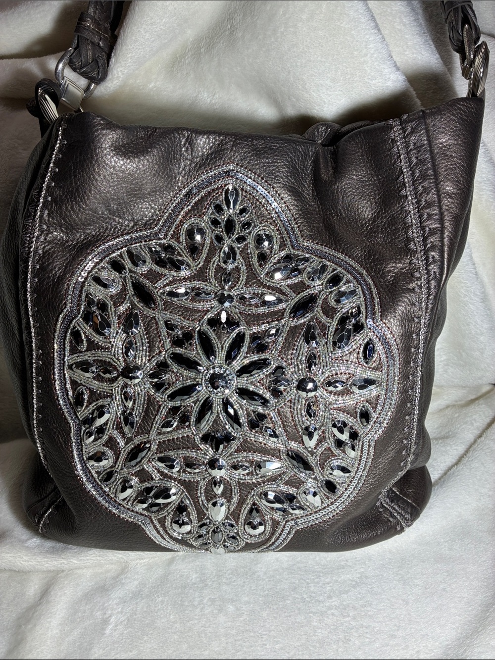 Brighton Dark Brown Shoulder Bag with Silver Beaded Medallion